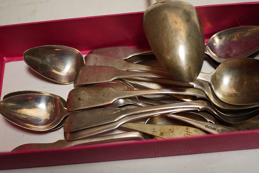 Assorted 19th century silver teaspoons to include a set of six early Victorian fiddle pattern teaspoons, Glasgow, 1855, Alexander Coghill, initialled, length 14.6cm., etc., weight approx. 10.57ozt